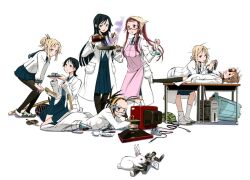  6+girls black_hair blonde_hair c_rikei commentary_request computer everyone glasses lab_coat multiple_girls rabbit science table wadapen 