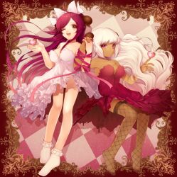  2girls bad_id bad_pixiv_id dark-skinned_female dark_skin dress fishnets heart momoshiki_tsubaki multiple_girls one_eye_closed original panties red_hair thighhighs underwear valentine white_hair 