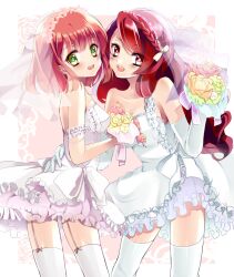  2girls bouquet commentary_request dress flower gloves green_eyes kurabayashi long_hair multiple_girls nanami_haruka red_eyes red_hair shibuya_tomochika thighhighs uta_no_prince-sama wedding_dress white_gloves white_legwear 