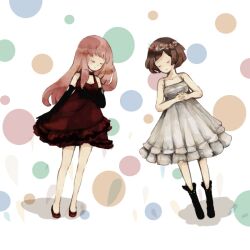  2girls alternate_age boots brown_hair closed_eyes dress elbow_gloves female flower gloves hair_flower hair_ornament just_be_friends just_be_friends_(vocaloid) knee_boots kneeboots long_hair megurine_luka meiko multiple_girls opera_gloves pink_hair red_dress red_outfit short_hair sleeping spotted vocaloid white_dress white_outfit 