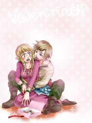  1boy blonde_hair blush boots box box_of_chocolates candy chocolate commentary_request dress embarrassed female food heart heart-shaped_chocolate hug hug_from_behind link long_hair pointy_ears princess_zelda purple_dress sitting sweatdrop the_legend_of_zelda the_legend_of_zelda:_skyward_sword valentine wasabi_(legemd) wristband 