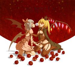  2girls apple bad_apple!! bad_id bad_pixiv_id barefoot bat_wings black_thighhighs blonde_hair blue_hair breasts cape cleavage crown cuffs detached_sleeves dress flandre_scarlet food fruit garter_straps kneeling looking_at_viewer medium_breasts multiple_girls photoshop_(medium) red_eyes remilia_scarlet shackles short_hair siblings side_ponytail sisters sitting thighhighs tongue touhou vinhnyu wariza wings zipper 