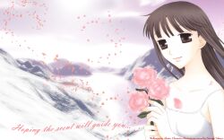  1680x1050 brown_eyes brown_hair female flower fruits_basket highres honda_tohru honda_tooru landscape petals rose smile wallpaper 