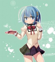  bad_id bad_pixiv_id blue_eyes blue_hair commentary_request female flying_sweatdrops german_text gift hair_ornament hairclip kyabechi mahou_shoujo_madoka_magica mahou_shoujo_madoka_magica_(anime) miki_sayaka mitakihara_school_uniform photoshop_(medium) school_uniform short_hair solo valentine 