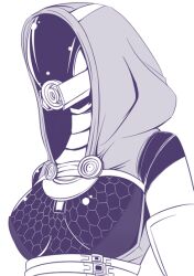  alien bodysuit bust female helmet honeycomb_pattern hood kichi8 mass_effect monochrome purple quarian solo tali&#039;zorah_nar_rayya tali&#039;zorah_nar_rayya_vas_neema upper_body 