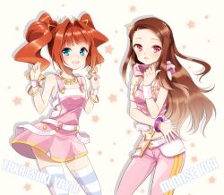  2girls anz_(starry) bad_id bad_pixiv_id blue_eyes blush brown_eyes brown_hair hairband idol idolmaster idolmaster_(classic) long_hair minase_iori multiple_girls open_mouth orange_hair photoshop_(medium) red_eyes short_hair smile takatsuki_yayoi thighhighs twintails 