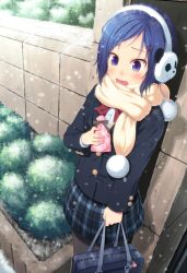  against_wall amamiya_minato bag black_pantyhose blue_eyes blue_hair blush coat commentary earmuffs female hair_ornament hairclip open_mouth original pantyhose plaid plaid_skirt scarf school_bag school_uniform short_hair skirt snow snowing solo 