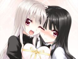  2girls black_hair bow bowtie box character_request commentary_request copyright_request gift heart-shaped_box kurokawa_(silve) multiple_girls one_eye_closed photoshop_(medium) red_eyes ribbon silver_hair valentine 