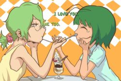  2girls antennae arikui_(ooooalikui) commentary_request contemporary eating english_text feeding food glasses green_hair ice_cream kazami_yuuka multiple_girls parfait photoshop_(medium) ponytail short_hair spoon touhou wriggle_nightbug 