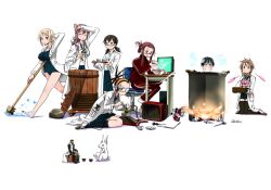  1boy 6+girls black_hair blonde_hair c_rikei commentary_request computer cooking_pot glasses lab_coat multiple_girls rabbit red_hair twintails wadapen 