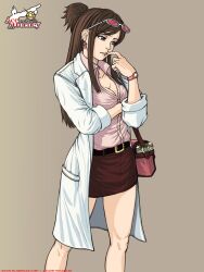  alternate_costume apollo_justice:_ace_attorney bag belt blouse breasts brown_hair cleavage earrings ema_skye eyewear_on_head female finger_to_mouth gyakuten_saiban half_updo handbag highres jacket jewelry lab_coat lips long_coat long_hair medium_breasts miniskirt mugensaku open_clothes open_jacket pencil_skirt pink-framed_eyewear pout shirt short_ponytail skirt sleeves_rolled_up solo thinking watch white_jacket wristwatch 