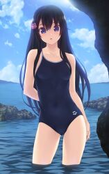  bare_shoulders black_hair blue_eyes breasts collarbone commentary_request competition_swimsuit female hair_ornament highres long_hair looking_at_viewer one-piece_swimsuit open_mouth original outdoors photoshop_(medium) rock small_breasts solo swimsuit wacchi wading water 