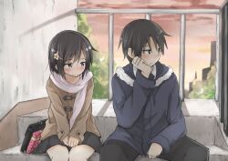  1boy averting_eyes bag black_eyes black_hair blush commentary_request female gift hair_ornament hairclip head_rest hood hooded_jacket jacket mukunoki_nanatsu nervous original scarf school_bag short_hair sitting skirt sky stairs sunset sweat v_arms valentine 