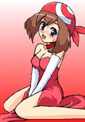  big_breasts blue_eyes blush breasts brown_hair cute dress elbow_gloves fun gloves haruka_(pokemon) hot johnnie laugh laughing legs lowres oekaki pokemon red_dress sit sitting straddle straddling sweat 