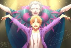  2boys black_eyes brown_eyes commentary_request fate/zero fate_(series) gilles_de_rais_(caster)_(fate) grey_hair jacket kayu male_focus multiple_boys orange_hair outstretched_arms purple_jacket uryuu_ryuunosuke 