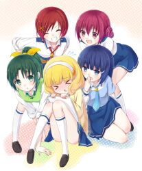  &gt;_&lt; aoki_reika bad_id bad_pixiv_id banned_artist blonde_hair blue_eyes blue_hair blue_neckwear cardigan closed_eyes green_eyes green_hair green_neckwear hairband hino_akane_(smile_precure!) hoshizora_miyuki kneehighs loafers long_hair midorikawa_nao mirai_(macharge) multiple_girls nanairogaoka_middle_school_uniform necktie pink_eyes pink_hair precure red_hair school_uniform shoes short_hair sketchbook sleeves_rolled_up smile_precure white_background white_hairband white_legwear yayoi_kise 