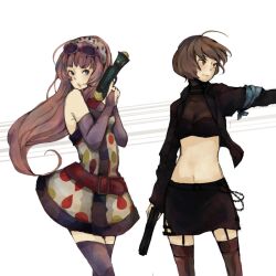  2girls alternate_costume alternate_outfit belt black_outfit brown_hair dress elbow_gloves female garders garters glasses glasses_on_head gloves green_eyes gun jacket long_hair megurine_luka meiko midriff multiple_girls opera_gloves pink_hair project_diva project_diva_(series) project_diva_2nd red_eyes short_hair skirt spotted sunglasses thighhighs vocaloid weapon weapons 