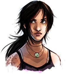  bare_shoulders brown_eyes brown_hair commentary_request exmakina female jewelry lara_croft lips long_hair necklace nose ponytail solo tomb_raider tomb_raider_(reboot) 