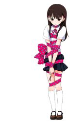  brown_eyes brown_hair choker commentary_request female food hair_ornament hairclip kneehighs kokudou_juunigou long_hair open_mouth original photoshop_(medium) pleated_skirt pocky polka_dot ribbon school_uniform simple_background skirt socks solo white_background white_socks wrapped_up 