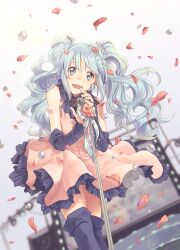  abe_(f!mixture) aqua_eyes aqua_hair bad_id bad_pixiv_id bow detached_sleeves dress female hatsune_miku long_hair microphone microphone_stand open_mouth petals pleated_skirt skirt solo stage thighhighs twintails very_long_hair vocaloid 