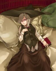  bad_link bed black_skirt book dress female glasses gram_(muneneko) grey_hair hand_on_own_chest hat long_skirt long_sleeves looking_at_viewer muneneko necktie on_bed original pillow red_eyes skirt solo vest witch witch_hat 