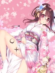  arima_senne body_writing brown_hair female floral_print floral_print_sash flower glasses hagoita hair_flower hair_ornament hanetsuki highres japanese_clothes kashiwamochi_yomogi kimono long_hair obi original paddle photoshop_(medium) ponytail red_eyes sash solo tabi 