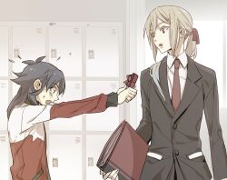  2boys afuro_terumi androgynous bad_id bad_pixiv_id blonde_hair blue_hair blush formal inazuma_eleven_(series) inazuma_eleven_go izumi_(nagashi) kishibe_taiga locker long_hair multiple_boys necktie photoshop_(medium) red_eyes side_ponytail suit track_suit valentine 