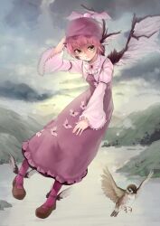  bird commentary_request eurasian_tree_sparrow female frilled_sleeves frills hat ko-g mystia_lorelei nature pantyhose pink_hair shoes short_hair sky solo sparrow touhou wide_sleeves winged_footwear wings 