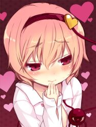  blush commentary_request dress_shirt eyeball female hairband heart komeiji_satori minamura_haruki partial_commentary photoshop_(medium) pink_eyes pink_hair shirt short_hair solo third_eye touhou upper_body valentine 