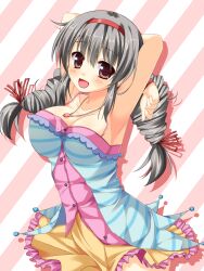  armpits asa_no_ha_(awayuki) breasts brown_eyes collarbone commentary_request drill_hair female grey_hair idolmaster idolmaster_cinderella_girls large_breasts looking_at_viewer open_mouth photoshop_(medium) sakakibara_satomi smile solo twintails 