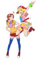  2girls ;d ahoge amitie_(puyopuyo) andou_ringo arm_up ascot belt blonde_hair blue_thighhighs bracelet character_hair_ornament dress enami_katsumi green_eyes hair_ornament hands_on_own_hips hat jewelry jumping miniskirt multiple_girls one_eye_closed open_mouth photoshop_(medium) pleated_skirt puyopuyo puyopuyo_7 puyopuyo_fever red_dress red_hair shirt shorts simple_background skirt smile standing thighhighs twintails 