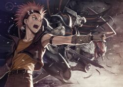  1boy armpits bad_id bad_pixiv_id battle belt blackwing_armed_wing blackwing_armor_master clenched_hand commentary_request crow_hogan duel_monster earrings feathers gloves headband jewelry male_focus open_mouth orange_hair photoshop_(medium) pointing shirt sleeveless sleeveless_shirt spiked_hair tattoo vest weapon yna yu-gi-oh! yu-gi-oh!_5d&#039;s 