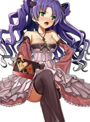  averting_eyes bare_shoulders black_thighhighs blush breasts candy chocolate cleavage commentary_request crossed_legs detached_sleeves dragon_maker dress earrings female food gaou_(umaiyo_puyoman) garter_straps green_eyes heart heart-shaped_chocolate jewelry large_breasts lips long_hair necklace open_mouth photoshop_(medium) purple_hair sitting solo thighhighs tsundere valentine wavy_hair 