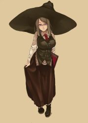  black_skirt book breasts brown_background commentary_request dress female full_body glasses gram_(muneneko) grey_hair hat large_breasts long_skirt long_sleeves looking_at_viewer muneneko necktie original red_eyes simple_background skirt skirt_hold solo vest witch_hat 