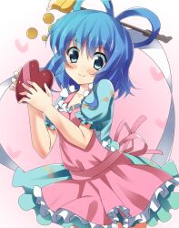  apron bad_id bad_pixiv_id blue_eyes blue_hair blush_stickers chocolate dress female hair_ornament hair_rings hair_stick heart holding kaku_seiga looking_at_viewer messy pink_background ribbon solo supershiruco touhou 