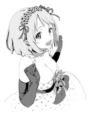  bad_id bad_pixiv_id breasts cleavage commentary_request elbow_gloves enkyo_yuuichirou feet_out_of_frame female gloves greyscale hairband hands idolmaster idolmaster_cinderella_girls looking_at_viewer medium_breasts mimura_kanako monochrome open_mouth photoshop_(medium) pink_dot_balloon_(idolmaster) short_hair simple_background solo teeth upper_teeth_only w_arms 