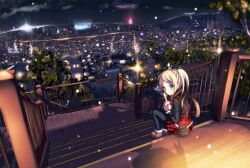  black_pantyhose blonde_hair blue_eyes blush boots breath city cityscape commentary female from_above from_behind heart highres lamppost long_sleeves looking_back morerin night night_sky original outdoors overalls pantyhose photoshop_(medium) plaid scarf scenery shadow sitting sitting_on_stairs sky solo stairs tree twintails v valentine 