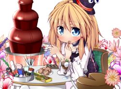  alternate_costume blonde_hair blue_eyes cake candy chair chocolate choker commentary_request cup female food gift hat ice_cream kinoko_no_yama moriya_suwako mushroom parfait pocky short_hair sidelocks solo sweets table touhou tsunsuki_(naobe009) 