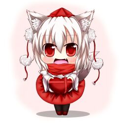  animal_ears banned_artist blush box chibi detached_sleeves hat hat_ribbon heart heart-shaped_box inubashiri_momiji oerba_yun_fang oohirakeisuke open_mouth pantyhose red_eyes red_scarf ribbon scarf shirt short_hair silver_hair skirt smile solo tail tokin_hat touhou valentine wolf_ears wolf_tail 