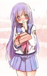  angel_beats! bad_id bad_pixiv_id blush box female irie_miyuki kono_sanorou long_hair looking_at_viewer purple_eyes purple_hair school_uniform serafuku shinda_sekai_sensen_uniform solo valentine 