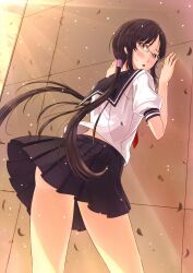  black_hair blush brown_eyes brown_hair commentary_request female glasses highres kazeno long_hair looking_back muroto_aki open_mouth photokano school_uniform serafuku skirt solo twintails wind wind_lift 