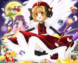  1boy 3girls black_gloves brown_eyes brown_hair camera cardcaptor_sakura commentary_request daidouji_tomoyo dress elbow_gloves gift gloves hat highres hoshi_no_tsue kerberos kinomoto_sakura li_meiling li_syaoran magical_girl moon multiple_girls nekoko_(mono96) red_hat short_hair thighhighs wand wings 