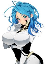  blue_eyes blue_hair blush bodysuit breasts commentary_request female highres inazuma_eleven inazuma_eleven_(series) large_breasts long_hair mataro_(matarou) multicolored_hair simple_background solo the_genesis urubida white_background white_hair 