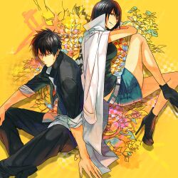  1boy bad_id bad_pixiv_id beelzebub_(manga) black_hair brother_and_sister female hoshiimo_(ptm2) long_coat oga_misaki oga_tatsumi photoshop_(medium) school_uniform siblings skirt 