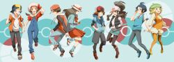  4boys 4girls alternate_costume backwards_hat baseball_cap bianca_(pokemon) black_hair black_pantyhose blonde_hair brown_hair cabbie_hat cheren_(pokemon) commentary_request dante0909 denim denim_shorts ethan_(pokemon) glasses grin hands_in_pockets hat hat_ribbon hilbert_(pokemon) hilda_(pokemon) holding holding_poke_ball jacket leaf_(pokemon) long_hair looking_at_viewer lyra_(pokemon) multiple_boys multiple_girls orange_legwear overalls pantyhose pantyhose_under_shorts poke_ball pokemon pokemon_bw pokemon_frlg pokemon_hgss ponytail red_(pokemon) ribbon short_hair shorts skirt smile vest 