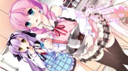  2girls apron aqua_eyes black_legwear bowl chocolate detached_sleeves drill_hair dutch_angle hair_ribbon heart highres jewelry kitchen light_purple_hair looking_at_viewer michioka_airi moriyama_shijimi mouth_hold multiple_girls necklace open_mouth photoshop_(medium) pink_hair plaid plaid_apron plaid_skirt ribbon shoujo_shin&#039;iki_shoujo_tengoku skirt smile spatula takagi_sana thighhighs twin_drills twintails valentine wavy_mouth white_legwear yellow_eyes zettai_ryouiki 