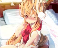  bare_shoulders bed blush commentary_request female hand_on_another&#039;s_head headpat hidori_(hibi_toridori) horns ibuki_suika long_hair looking_at_viewer messy_hair one_eye_closed orange_hair pov pov_hands red_eyes ruffling_hair solo_focus touhou 