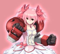  aura bow bubble_skirt choker clenched_hands collarbone commentary_request dress female fighting_stance fusion gundam gundam_age gundam_age-1 gundam_age-1_titus hairbow kaname_madoka kaname_madoka_(magical_girl) magical_girl mahou_shoujo_madoka_magica mahou_shoujo_madoka_magica_(anime) mecha_musume mechanical_arms nagi-kaze pink_background pink_hair red_eyes short_twintails simple_background skirt solo twintails 