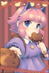  animal_ears annie_(league_of_legends) blue_eyes blush candy cat_ears chocolate commentary_request dakun fake_animal_ears female food happy_valentine heart league_of_legends lollipop looking_at_viewer mouth_hold photoshop_(medium) pink_hair short_hair solo striped striped_background valentine 