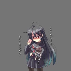  ^^^ bandages black_hair black_serafuku black_skirt commentary_request female long_hair original pantyhose red_eyes school_uniform serafuku simple_background skirt solo standing stuffed_toy tears translated ygo_(kintsuba) 